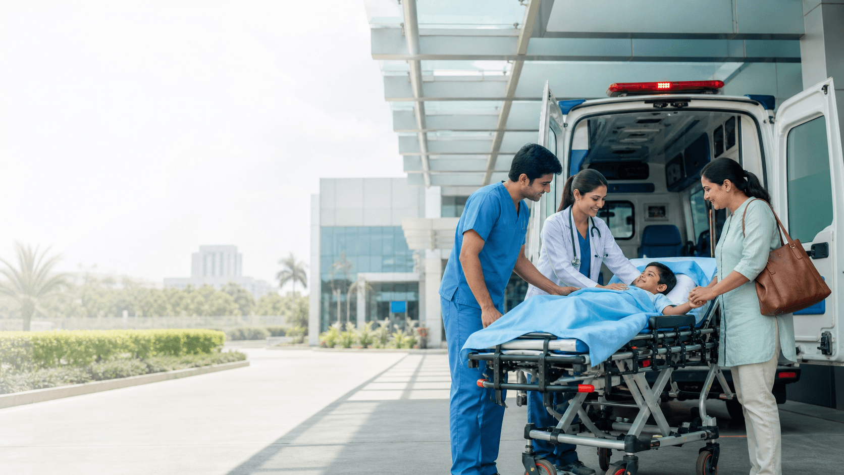 Pediatric emergency care team supporting a child near an ICU ambulance