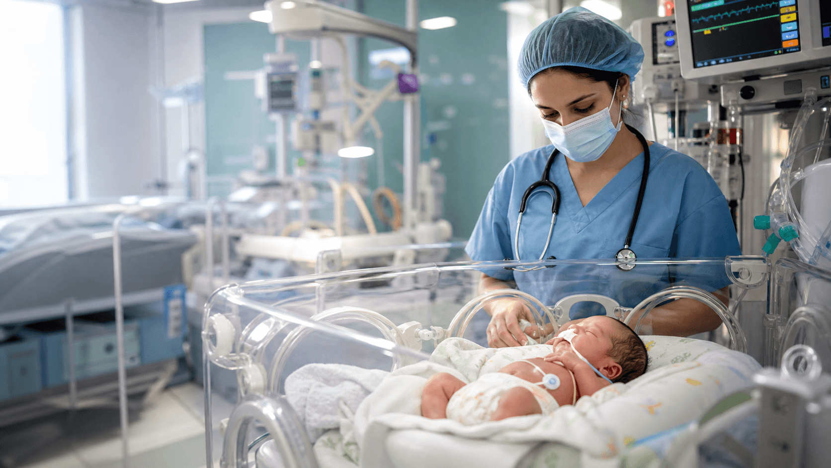 Newborn baby receiving gentle NICU care from a pediatric clinician