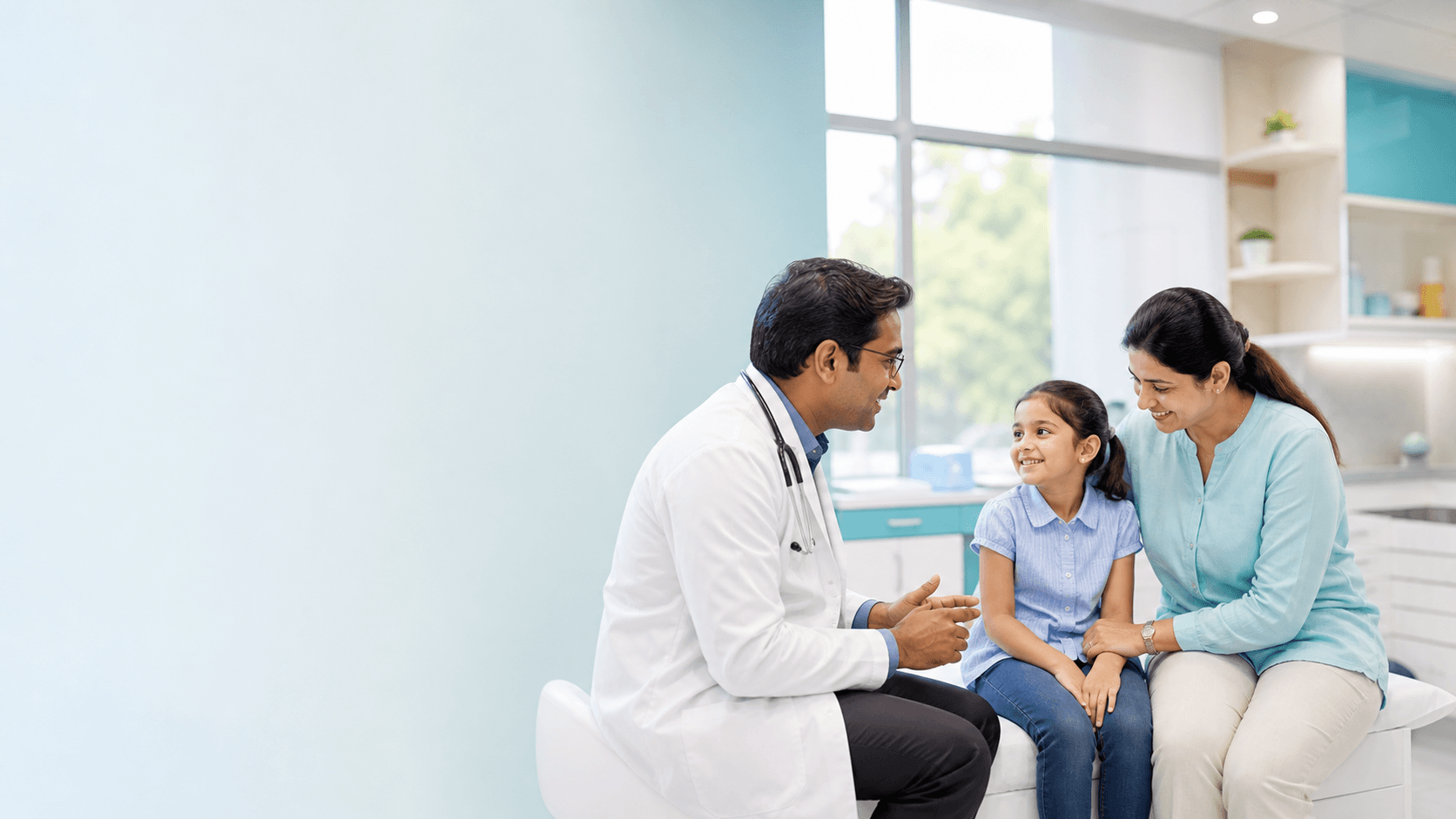 Pediatric doctor reassuring a child and parent during consultation
